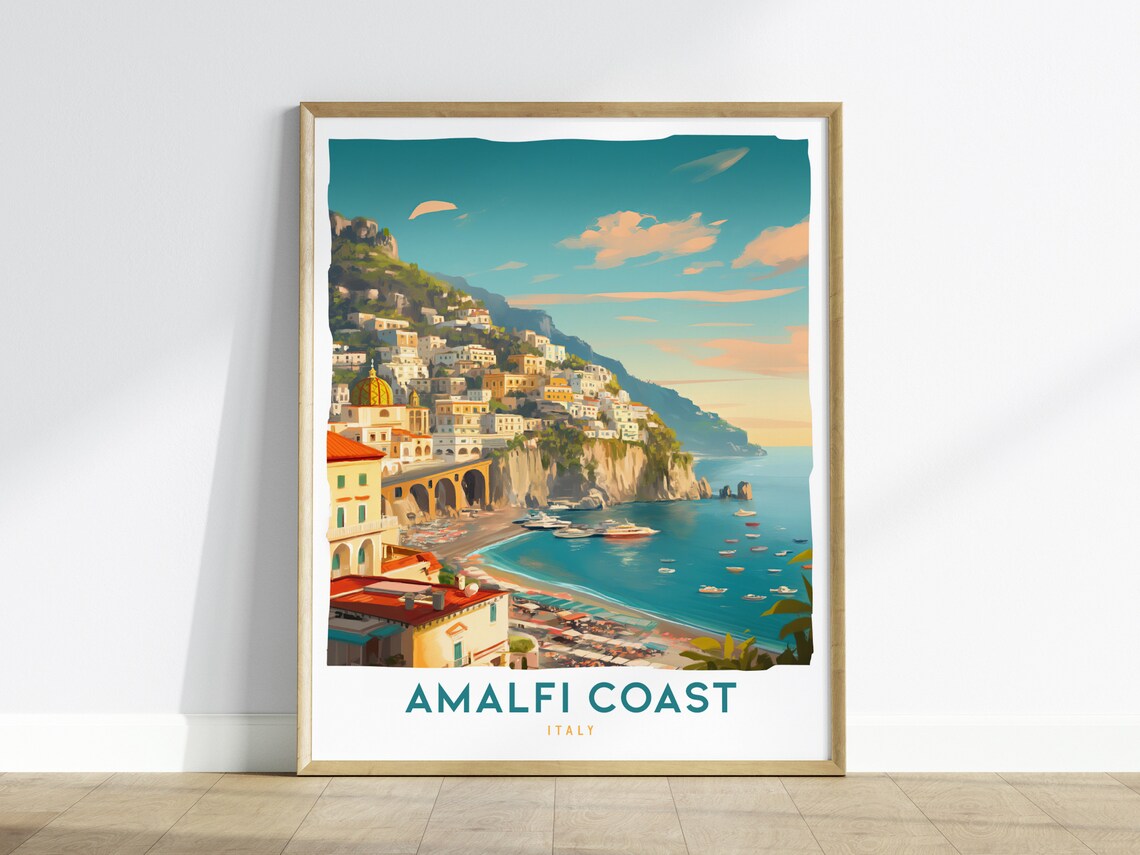 Amalfi Coast Italy Seaside Cliff Town Vintage Travel Wall Poster