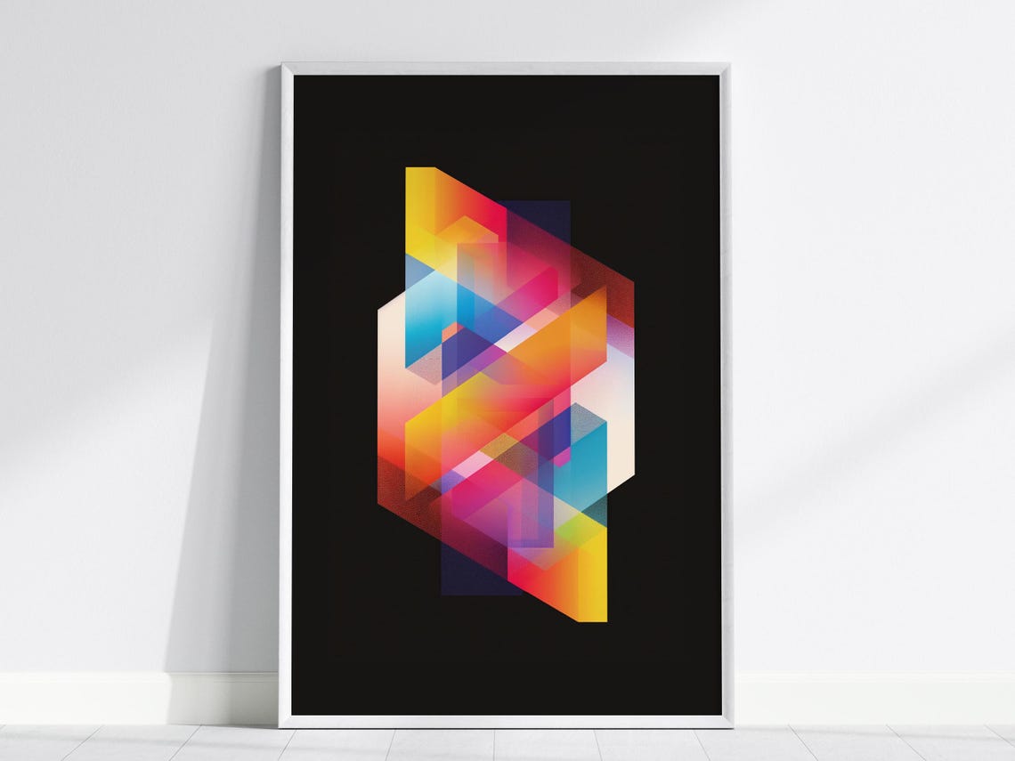 Retro 80s Neon Geometric Cube Gradient Modern Abstract Art Print