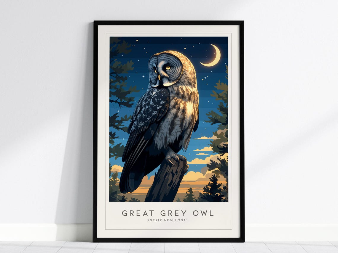 Great Grey Owl Poster With Moonlit Night Forest Illustration