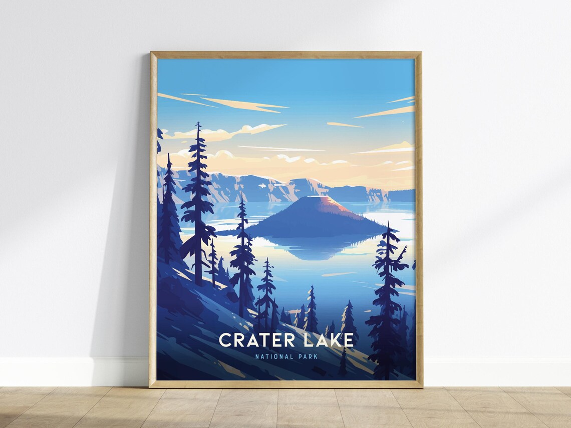 Crater Lake National Park Blue Lake Pine Forest Travel Poster