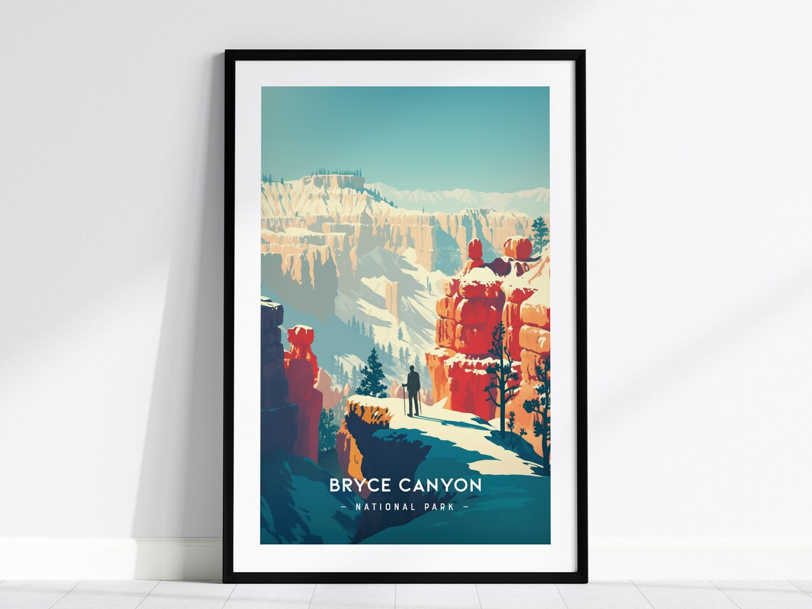 Bryce Canyon National Park Snowy Hoodoos Winter Hiker Scene Poster