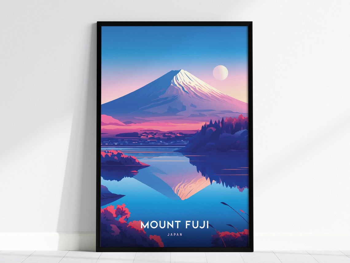 Mount Fuji Japan Moonlit Lake Reflection Pink Sunset Travel Poster