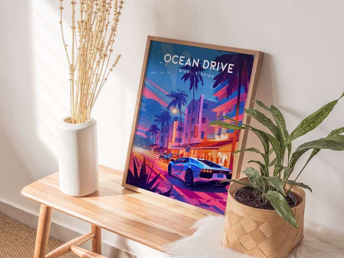 Ocean Drive South Beach Miami Travel Poster, 80s Style - Image 3