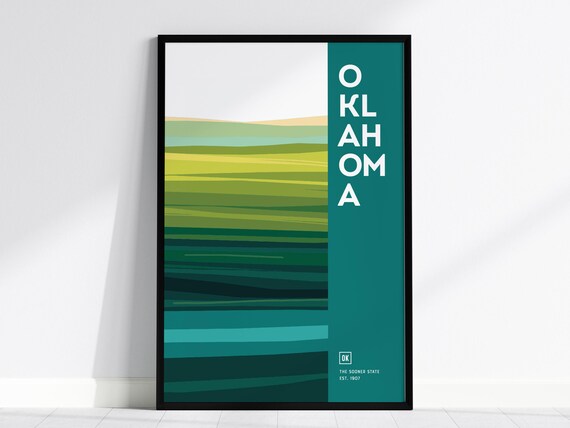 Oklahoma Sooner State Modern Abstract Travel Poster Green Stripes Artwork