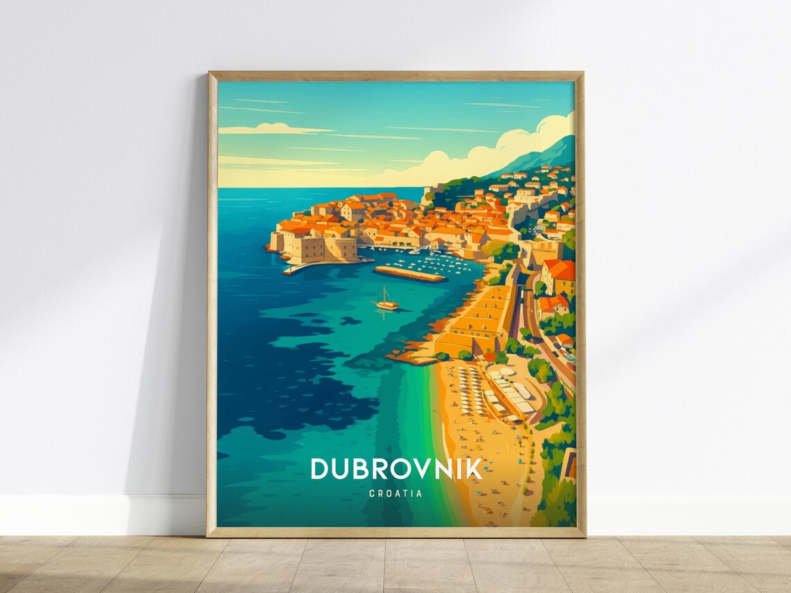 Dubrovnik Croatia Aerial Old Town Turquoise Bay Travel Poster