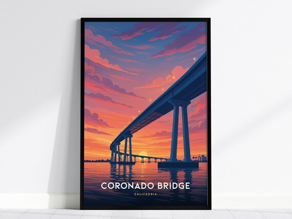 Coronado Bridge California Sunset Water Reflections Retro Poster