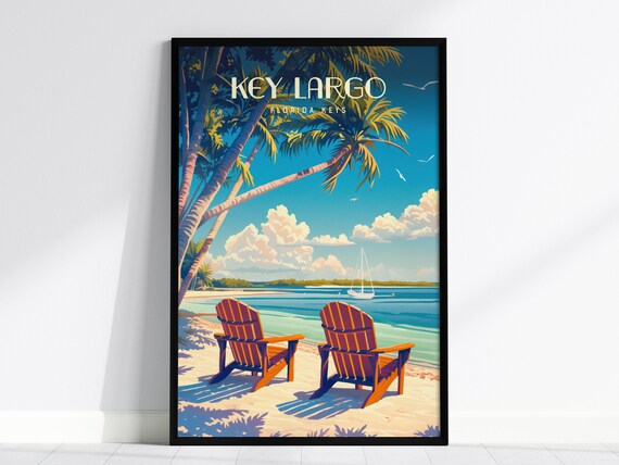 Key Largo Florida Keys Beach Chairs Palms Sailboat Travel Poster