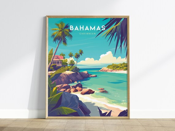 Bahamas Caribbean Tropical Beach Palm Tree Vintage Travel Poster