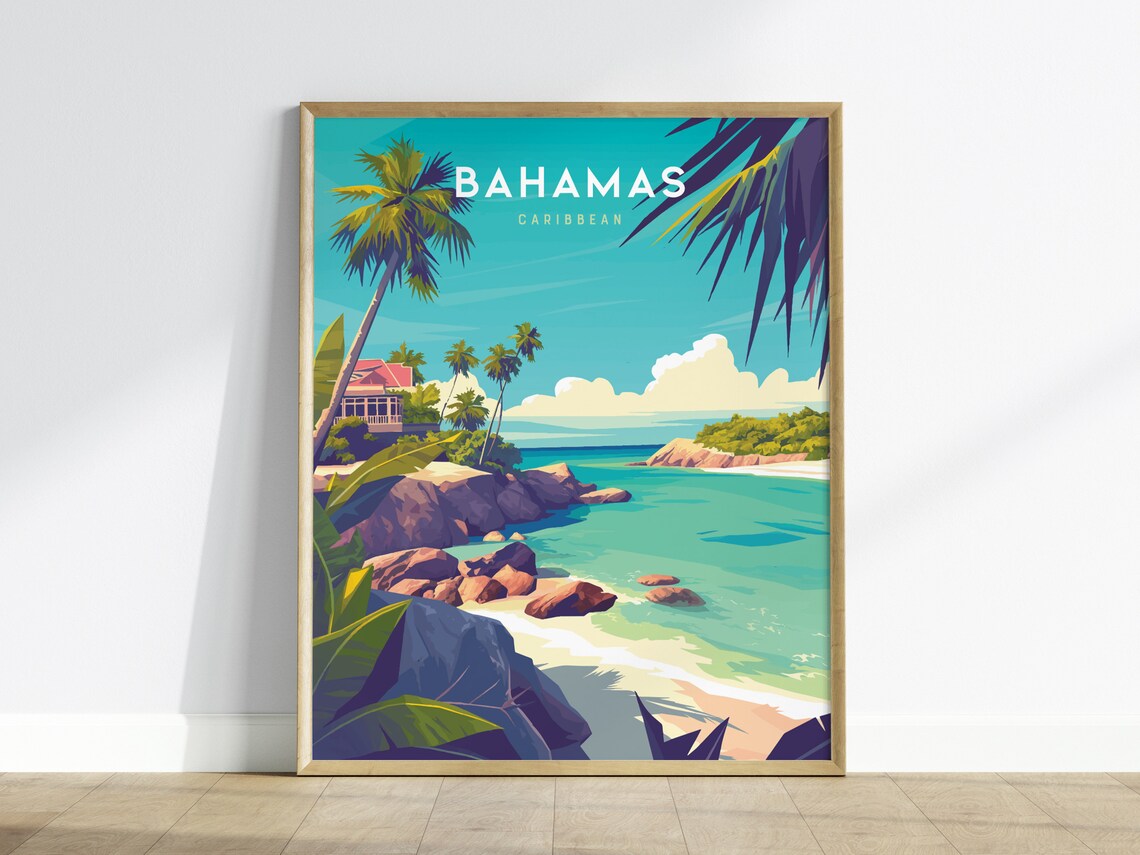 Bahamas Caribbean Tropical Beach Palm Tree Vintage Travel Poster