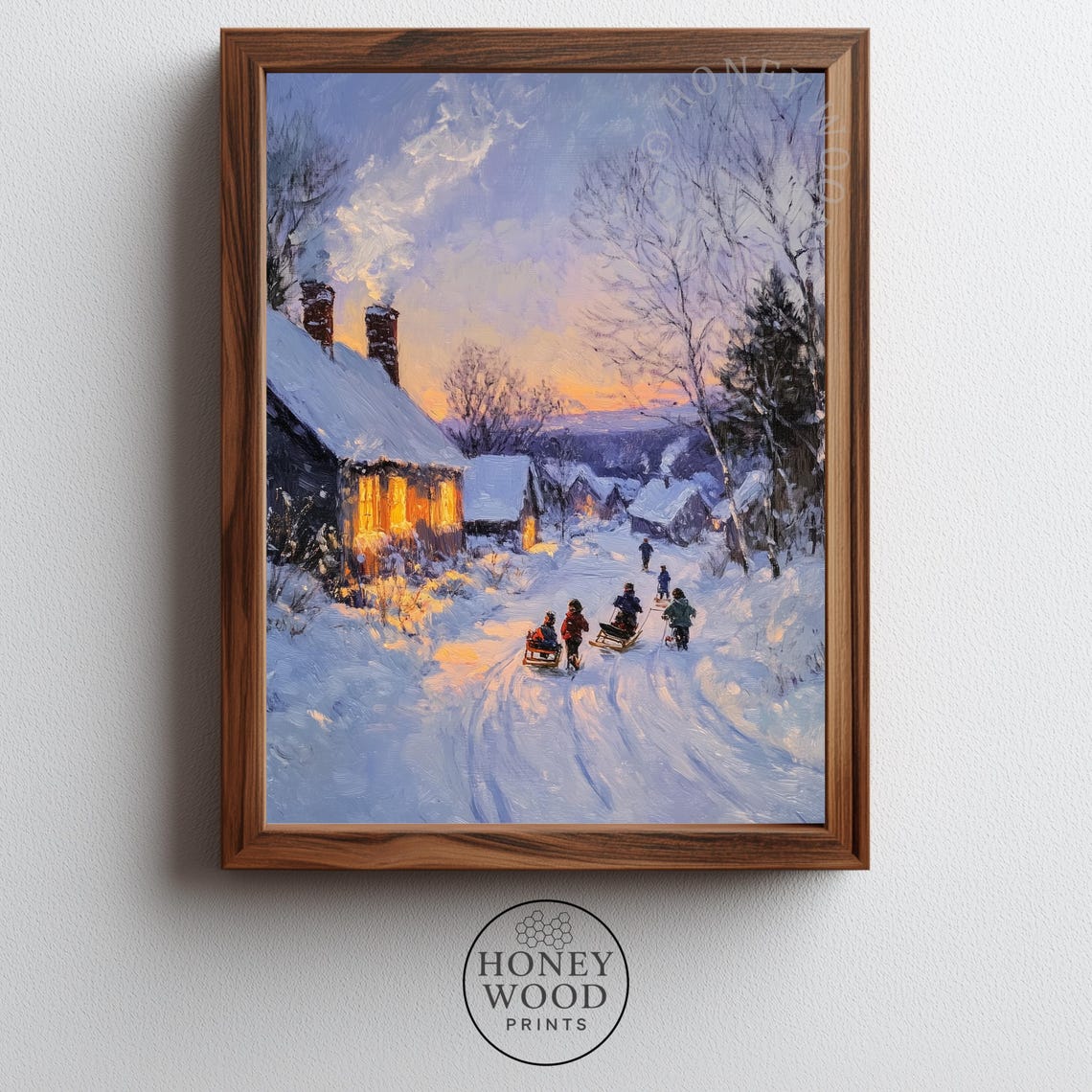Snowy Village Children Sledding at Dusk Winter Painting Poster