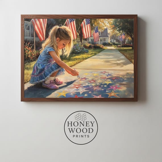 Nostalgic Americana Sidewalk Scene Young Girl Painting Stars Suburban Charm Cozy Wall Decor Realistic Art 143
