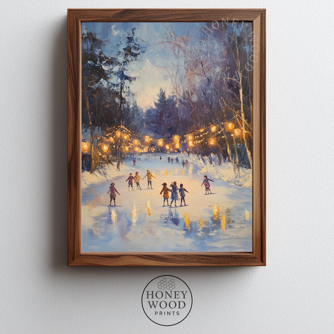 Ice Skaters on Frozen River Under String Lights Winter Art Poster