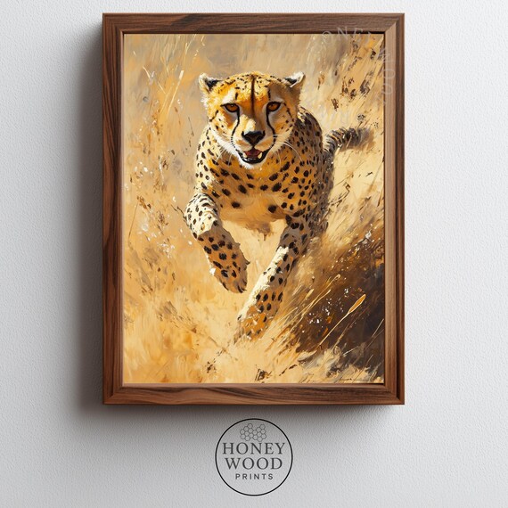 Cheetah Sprinting Painting Dynamic Wildlife Art Sunlit Safari Speed Rustic Savannah Decor Earthy Wall 268