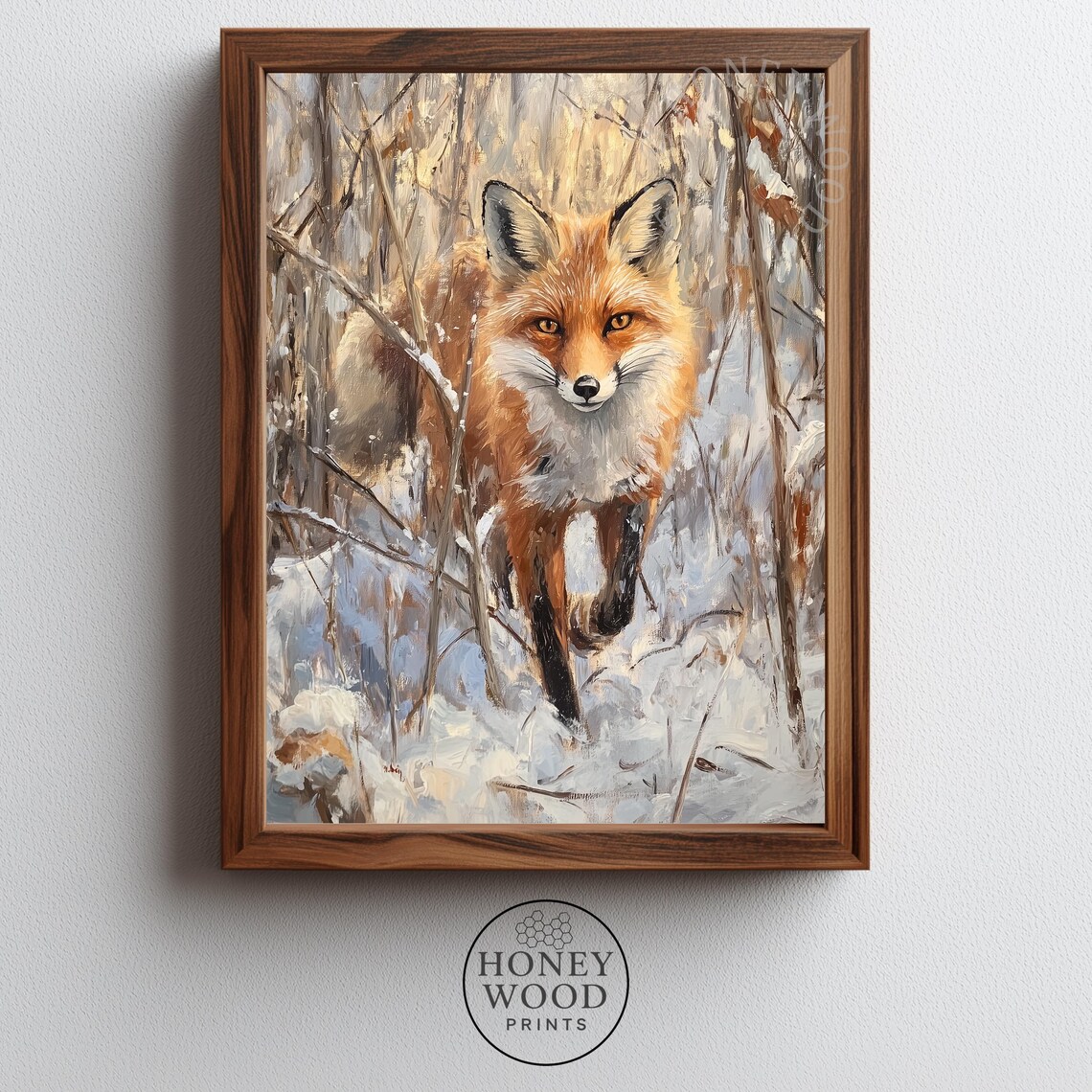 Moody Red Fox in Frostkissed Thicket Winter Wildlife Art Print