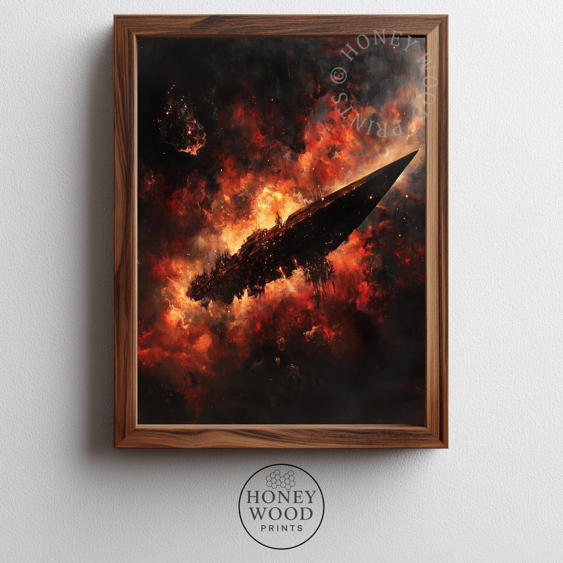 Burning Spaceship in Red Nebula Dark Sci Fi Space Opera Painting Print