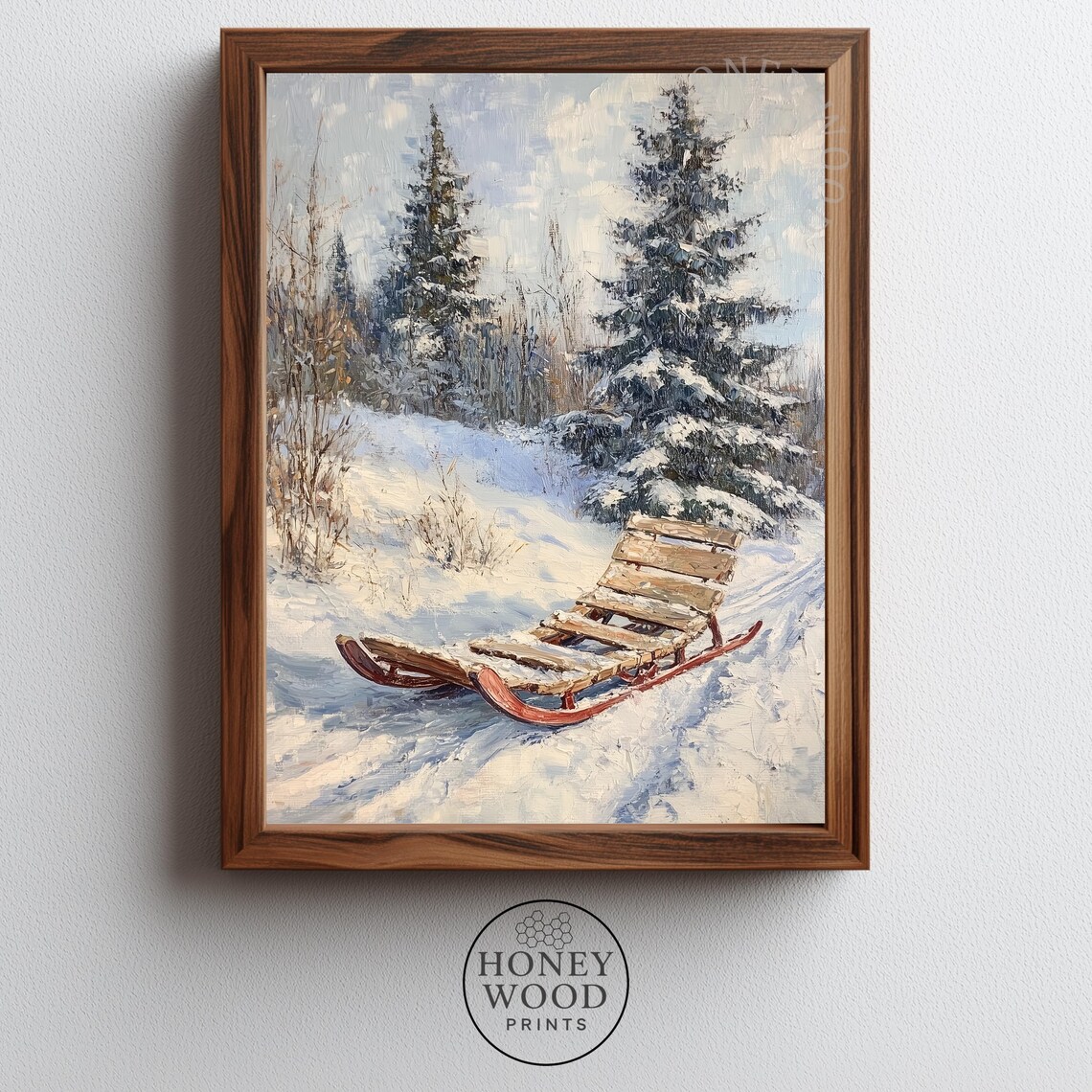 Rustic Wooden Sled Snowy Forest Vintage Winter Oil Painting Poster