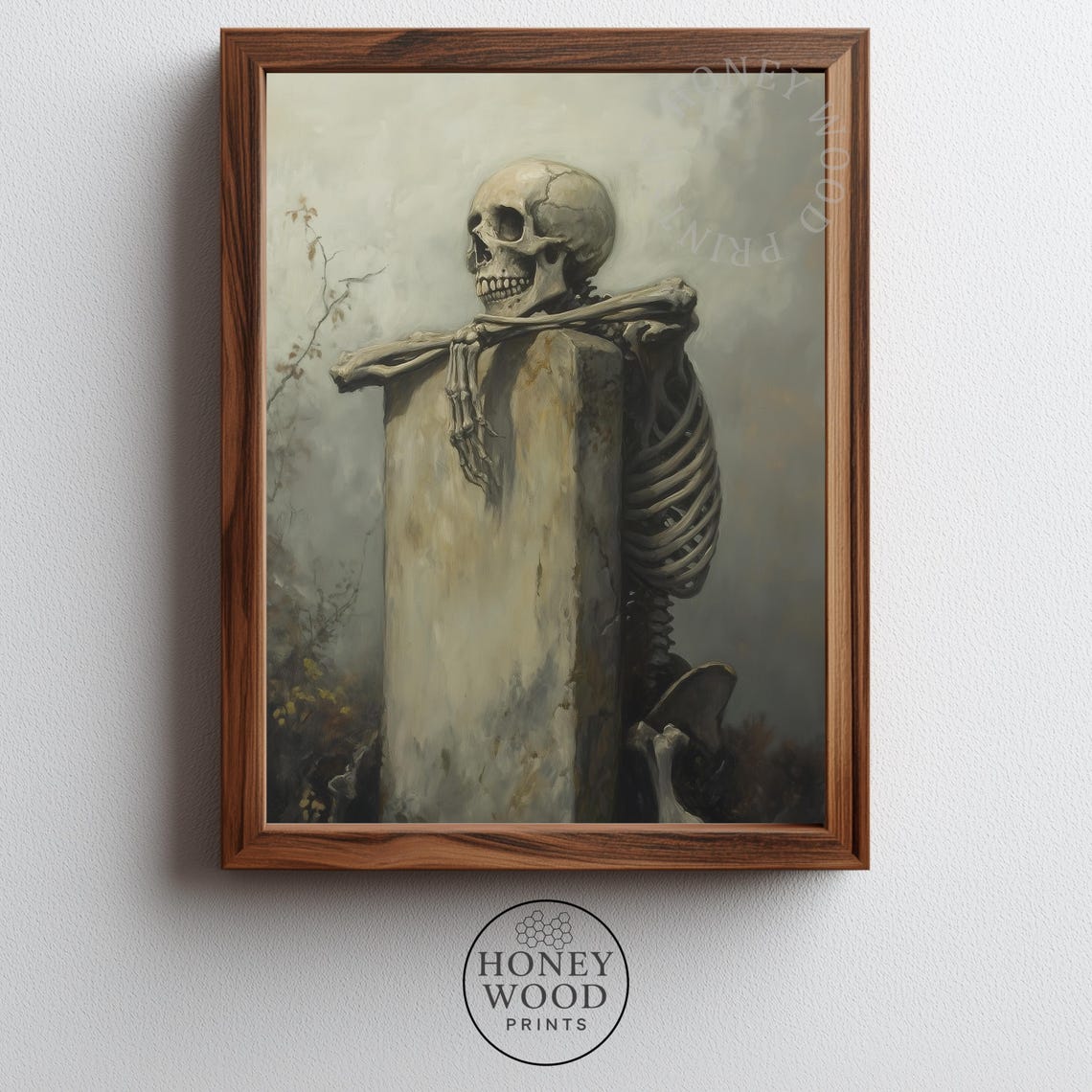 Moody Gothic Skeleton Wall Art Vintage Gravestone Painting Spooky Dark Decor Macabre Atmosphere 324