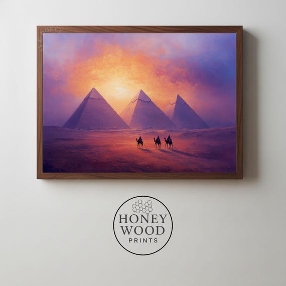 Dramatic Pyramids Of Giza Sunset Print Vintage Desert Landscape Art Moody Evening Colors Wall Decor 48
