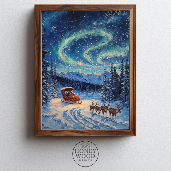 Santas Sleigh with Reindeer Under Northern Lights Snowy Winter Art Poster