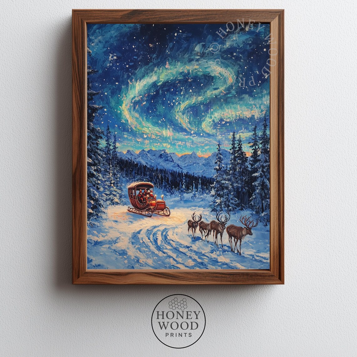 Santas Sleigh with Reindeer Under Northern Lights Snowy Winter Art Poster