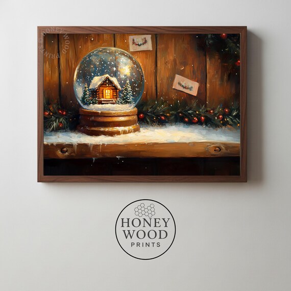 Cozy Snow Globe Cabin Winter Mantel Scene Christmas Wall Art