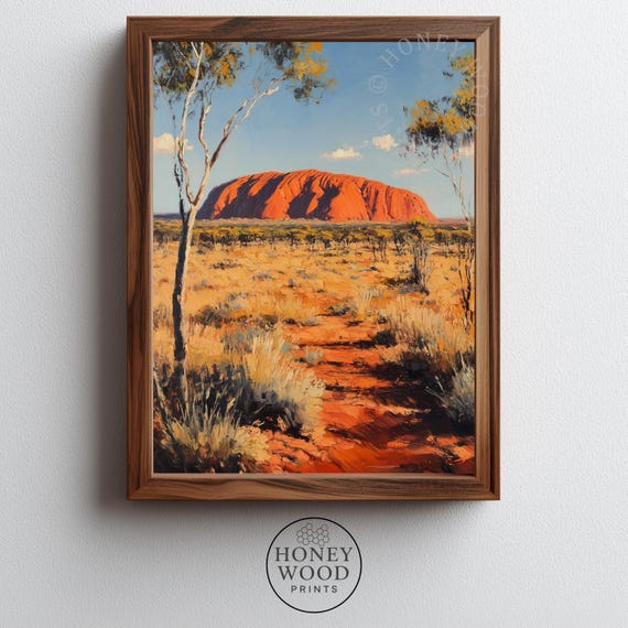 Rustic Australian Desert Landscape Uluru Art Dramatic Earthy Decor Warm Red Ochre Outback Scene Painting 223
