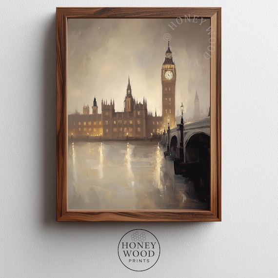 Moody Vintage London Scene At Night Big Ben And Houses Of Parliament With River Reflections Atmospheric Wall Art 232