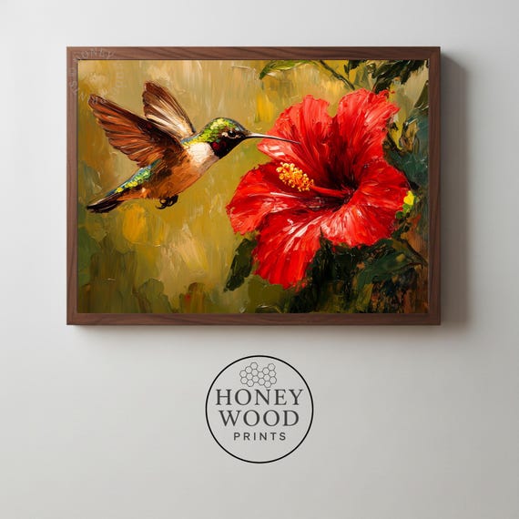 Vibrant Hummingbird And Hibiscus Wall Art Colorful Tropical Flower Painting Botanical Decor 13