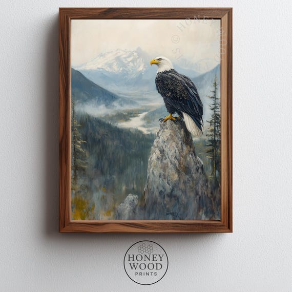 Majestic Bald Eagle Painting Rustic Wildlife Wall Art Moody Mountain Scene Earthy Decor Print 9