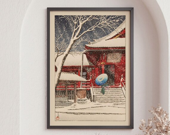 Kawase Hasui Snow at Kiyomizu Hall Red Temple Umbrella Japan Winter Poster