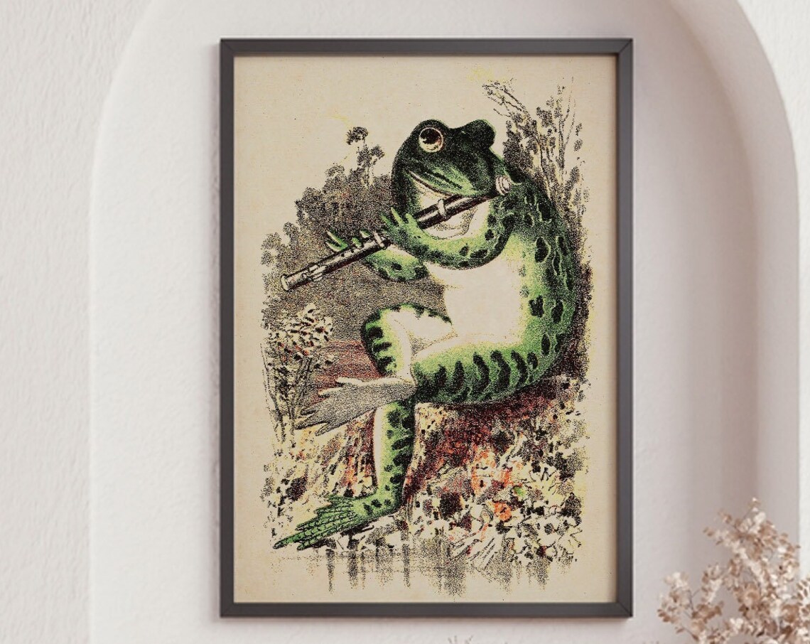 Frog Playing Banjo In Moonlight Vintage Art Print