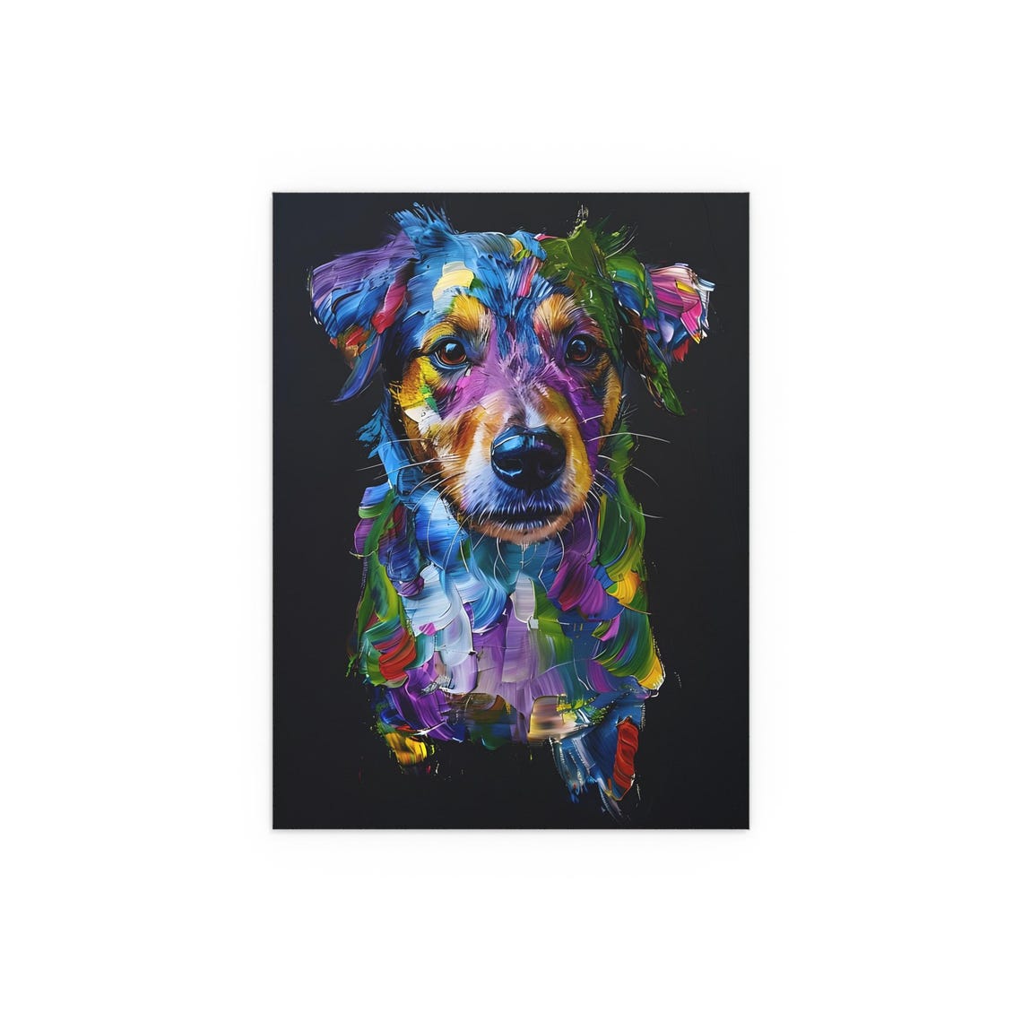 Rainbow Painted Dog Portrait With Thick Brushstrokes on Black Poster