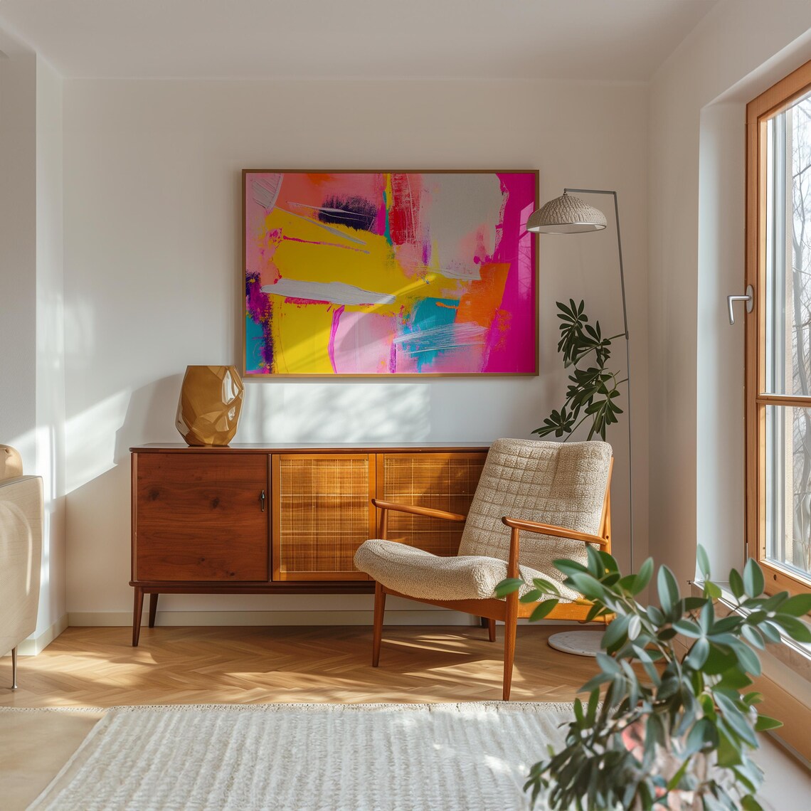 Yellow Coral Red Teal Streaked Expressive Abstract Painting Poster - Image 2
