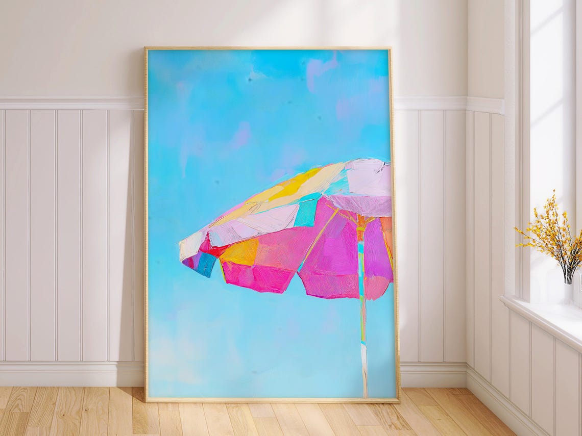 Pink Striped Beach Umbrella Close Up Bright Blue Sky Summer Wall Art - Image 2