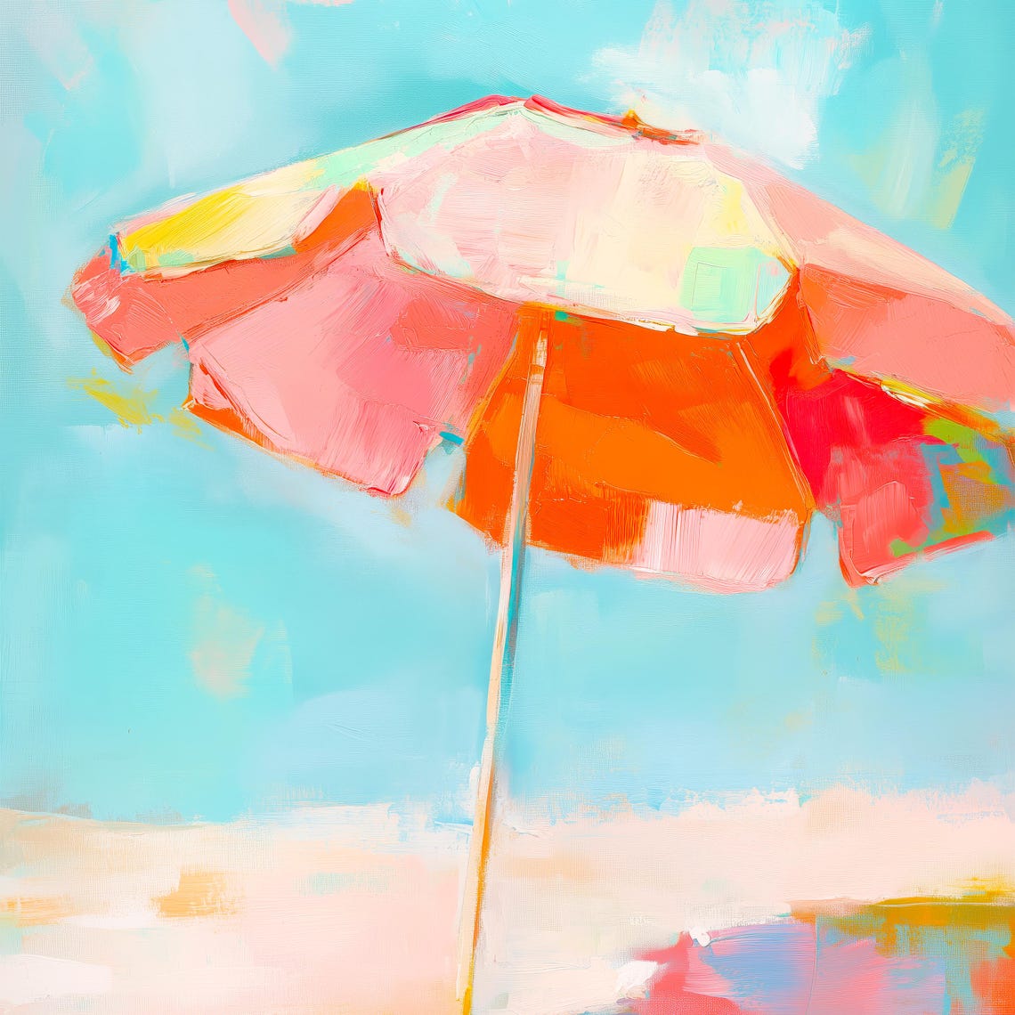 Coral Beach Umbrella Against Turquoise Sky Painterly Summer Wall Art - Image 3