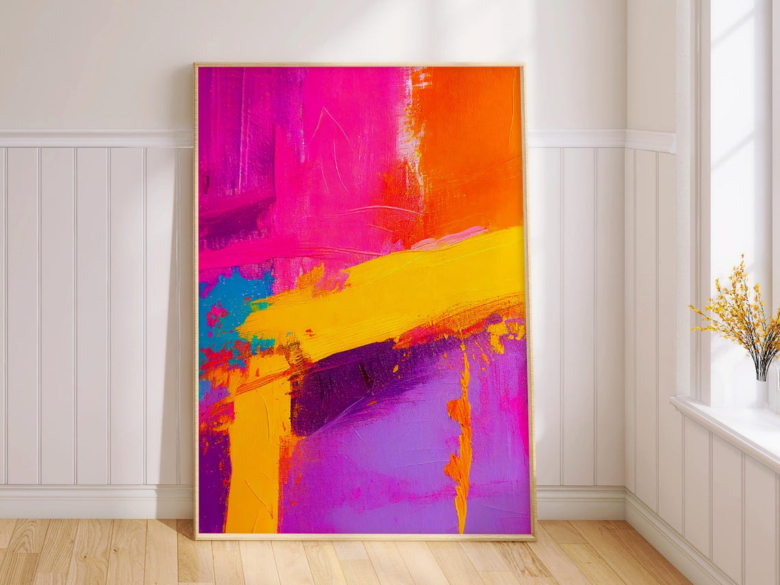 Bold Abstract Painting Hot Pink Orange Yellow Purple Modern Wall Art - Image 2