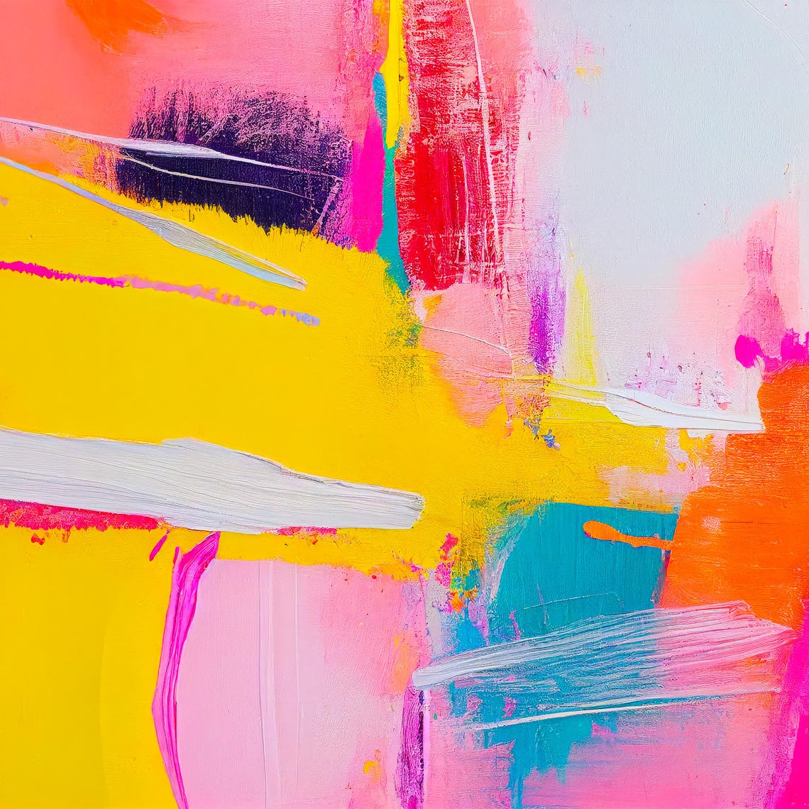 Yellow Coral Red Teal Streaked Expressive Abstract Painting Poster - Image 3