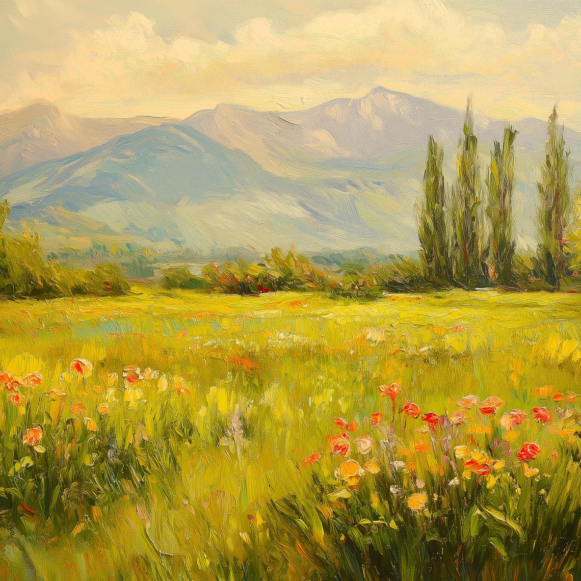 Sunlit Wildflower Meadow Mountain Impressionist Landscape Poster - Image 3