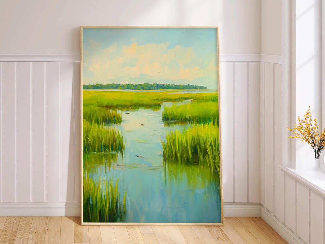 Green Salt Marsh Waterway Serene Wetland Landscape Painting Wall Art - Image 2