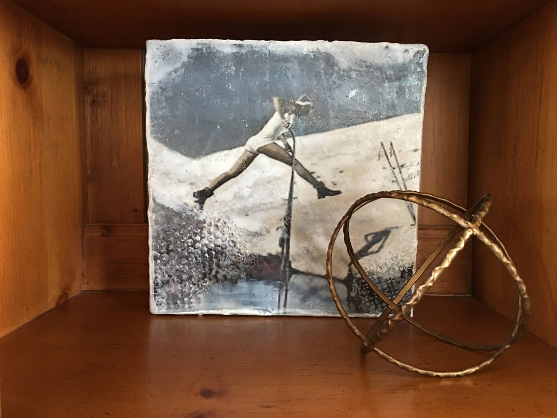 Vintage 1960s Female Skier In Ski Jumping Flight Encaustic Art Poster