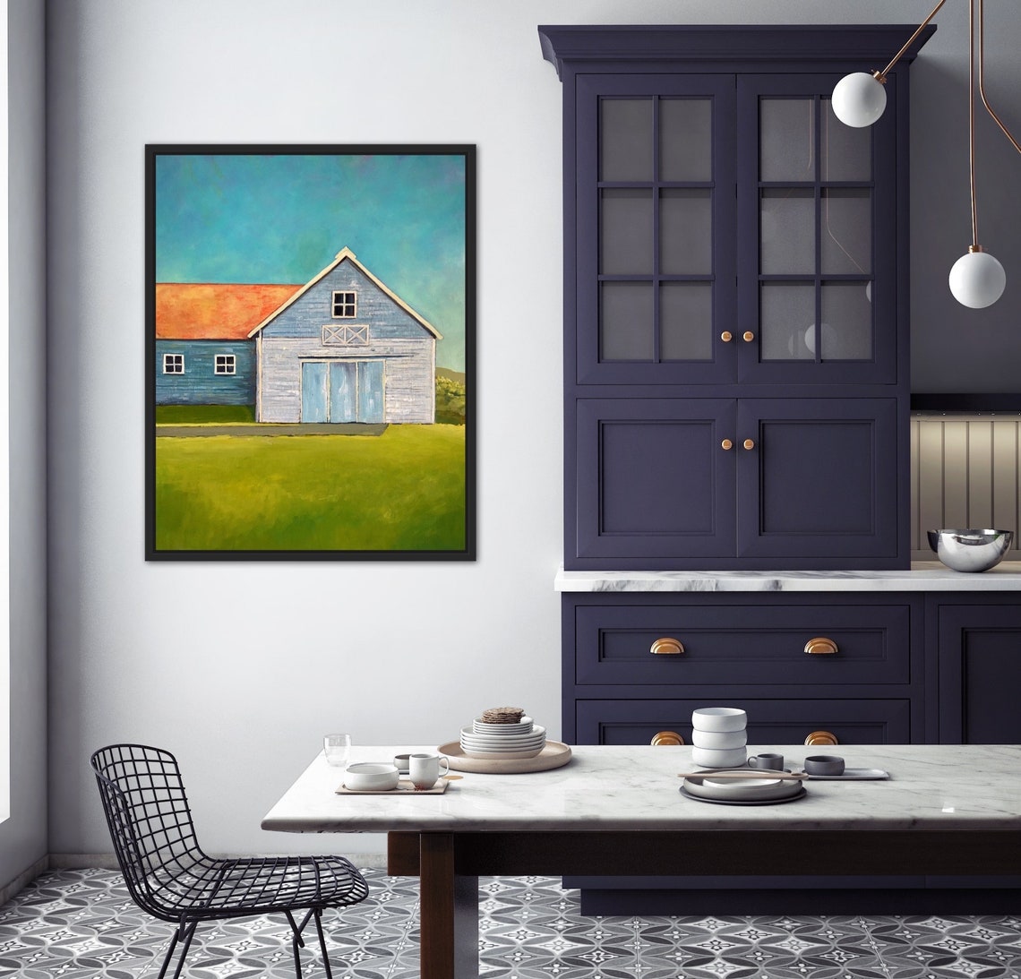 White Barn With Red Barn Under A Bright Turquoise Sky Country Poster