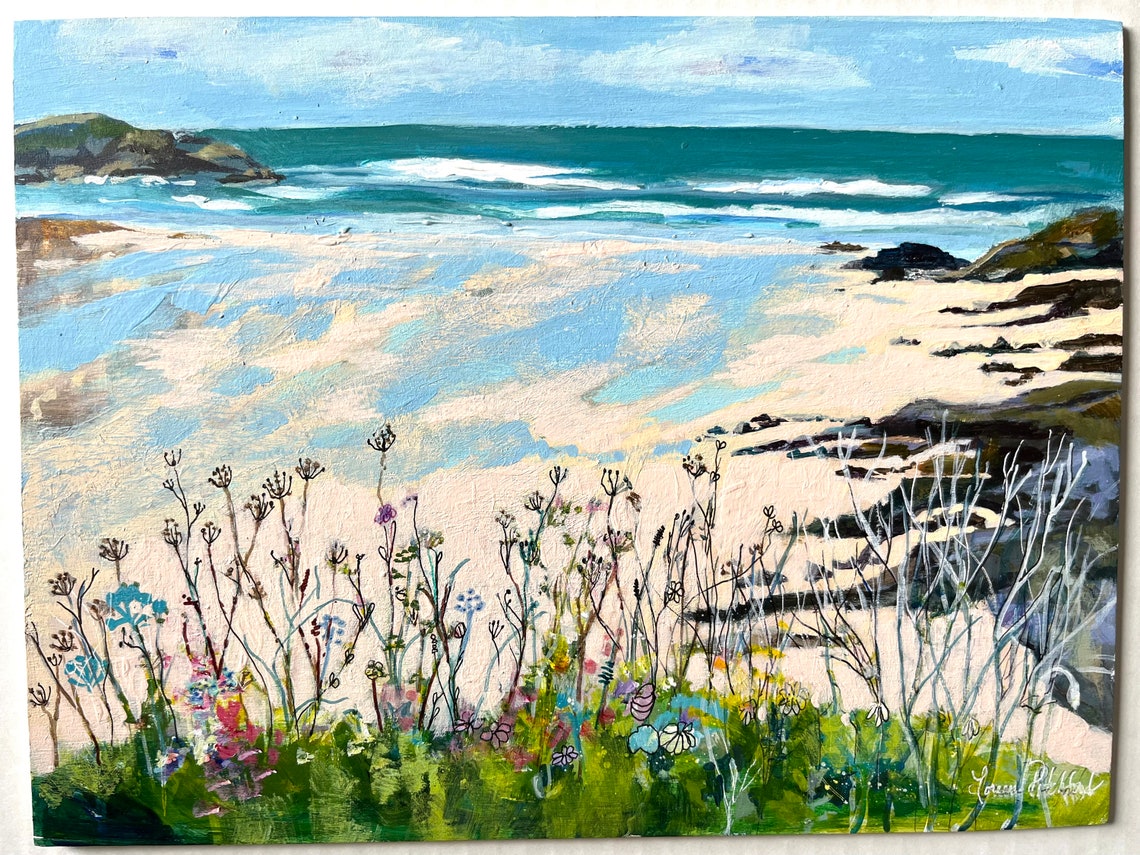 Turquoise Beach Meadow With Wildflowers And Rolling Ocean Waves Poster