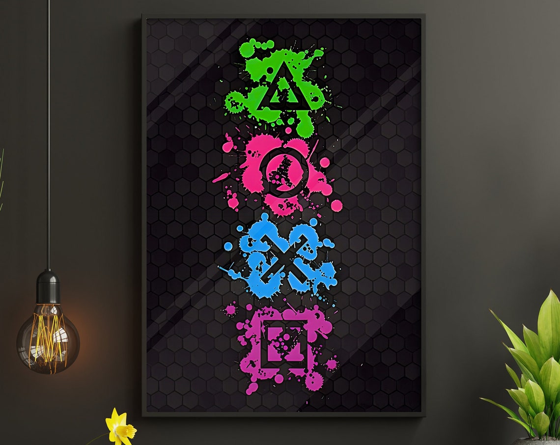 Playstation Controller Button Symbols Neon Paint Splash Art Poster