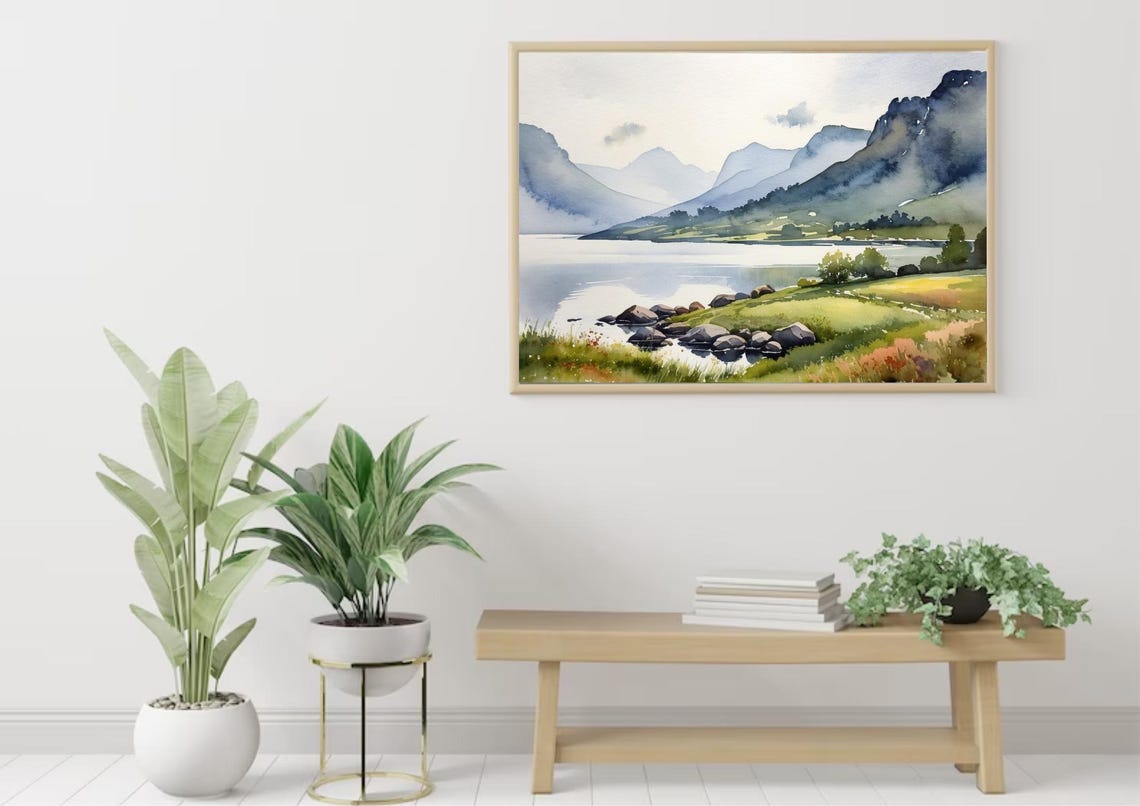 Loch Ness Lake Painting Scotland Mountain Lake Watercolor Art Print English Landscape Wall Art Earth Tones Nature Poster - Image 4