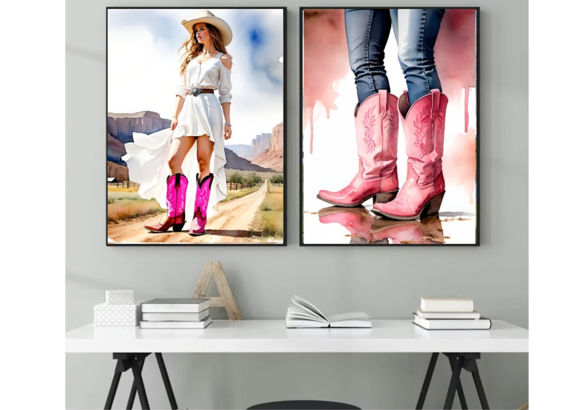 Womens Cowboy Pink Boots Painting Cowgirl Boots Watercolor Art Print Pink Boots Wall Art Western Cowboy Art Female Legs With Pink Boots Art - Image 2