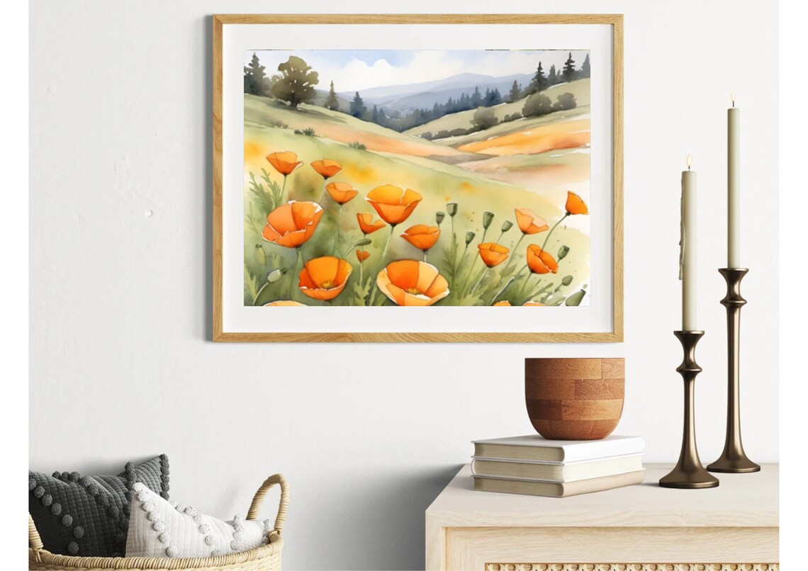 California Poppies Meadow Wildflowers Watercolor Landscape Poster - Image 3
