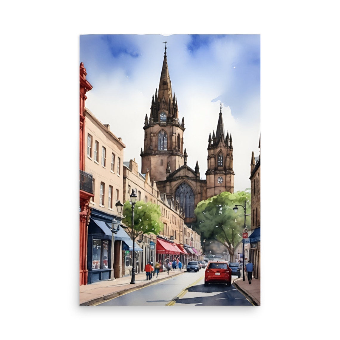 Edinburgh Painting Scotland Cityscape Watercolor Art Print Scottish Town Wall Art Edinburgh Street And St Marys Cathedral Watercolor Print - Image 3
