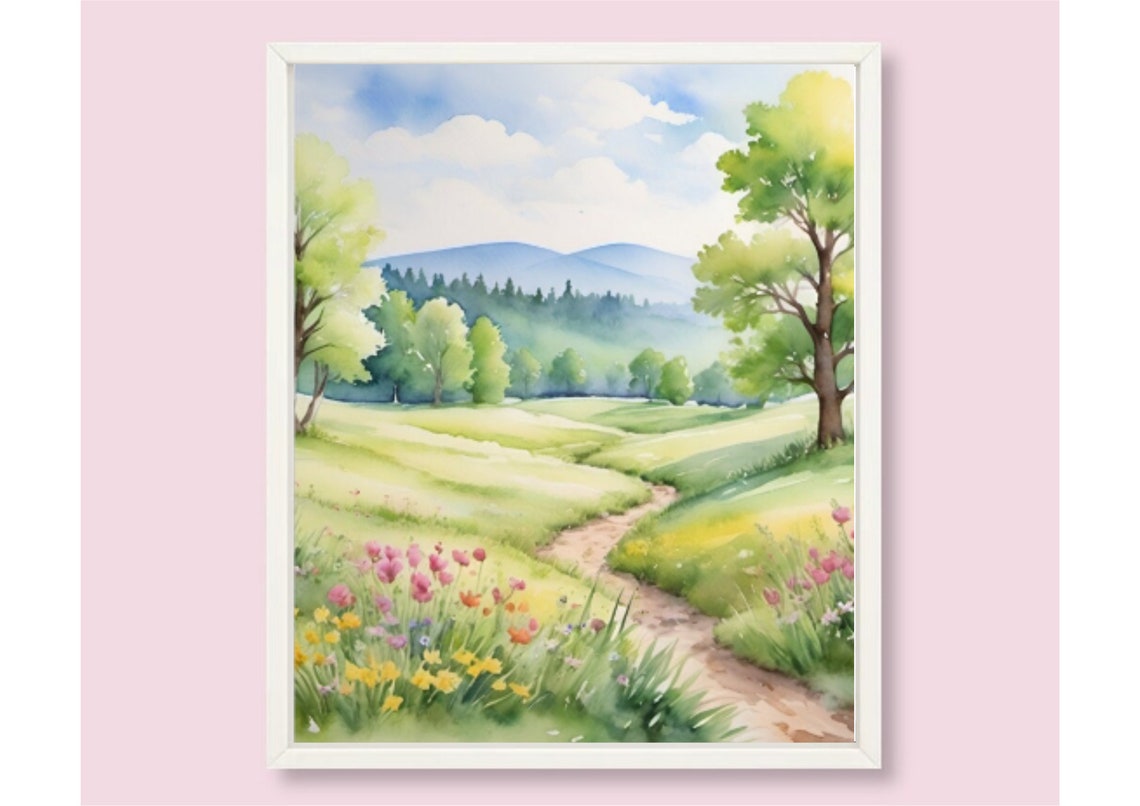 Spring Wildflower Meadow Path Trees Mountains Watercolor Poster - Image 6