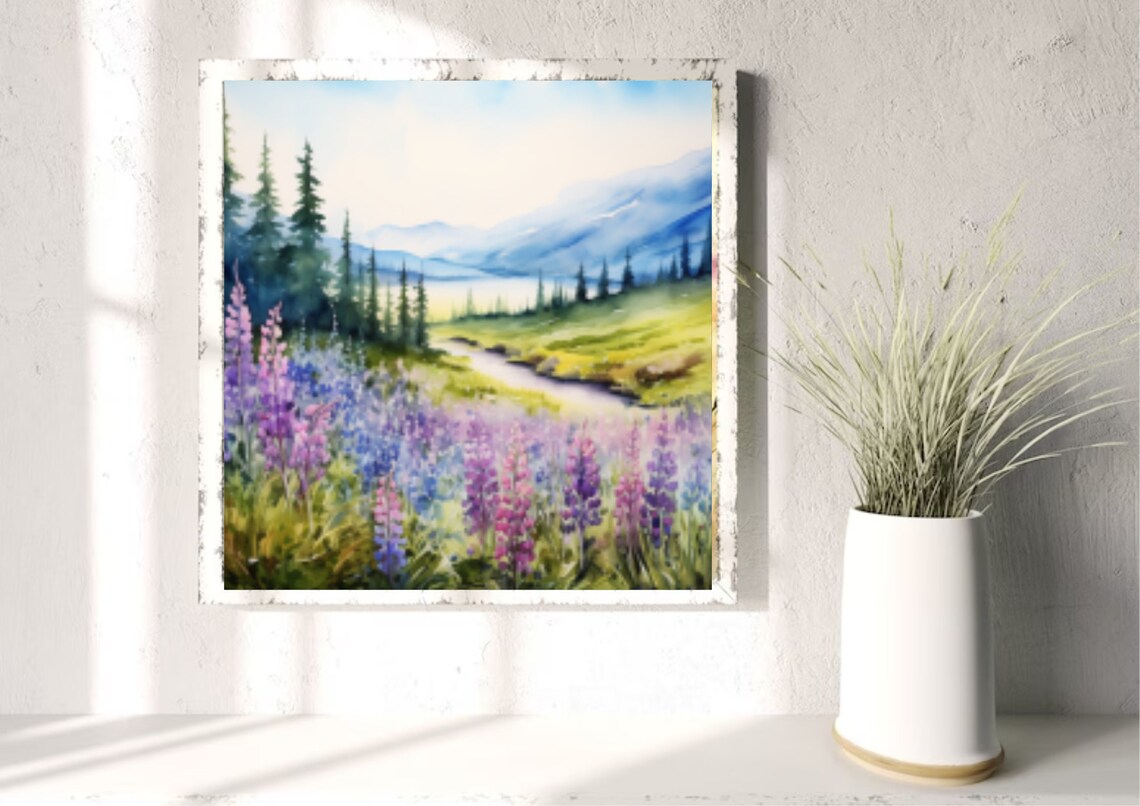 Purple And Pink Lupine Meadow By River Valley Watercolor Floral Poster - Image 2