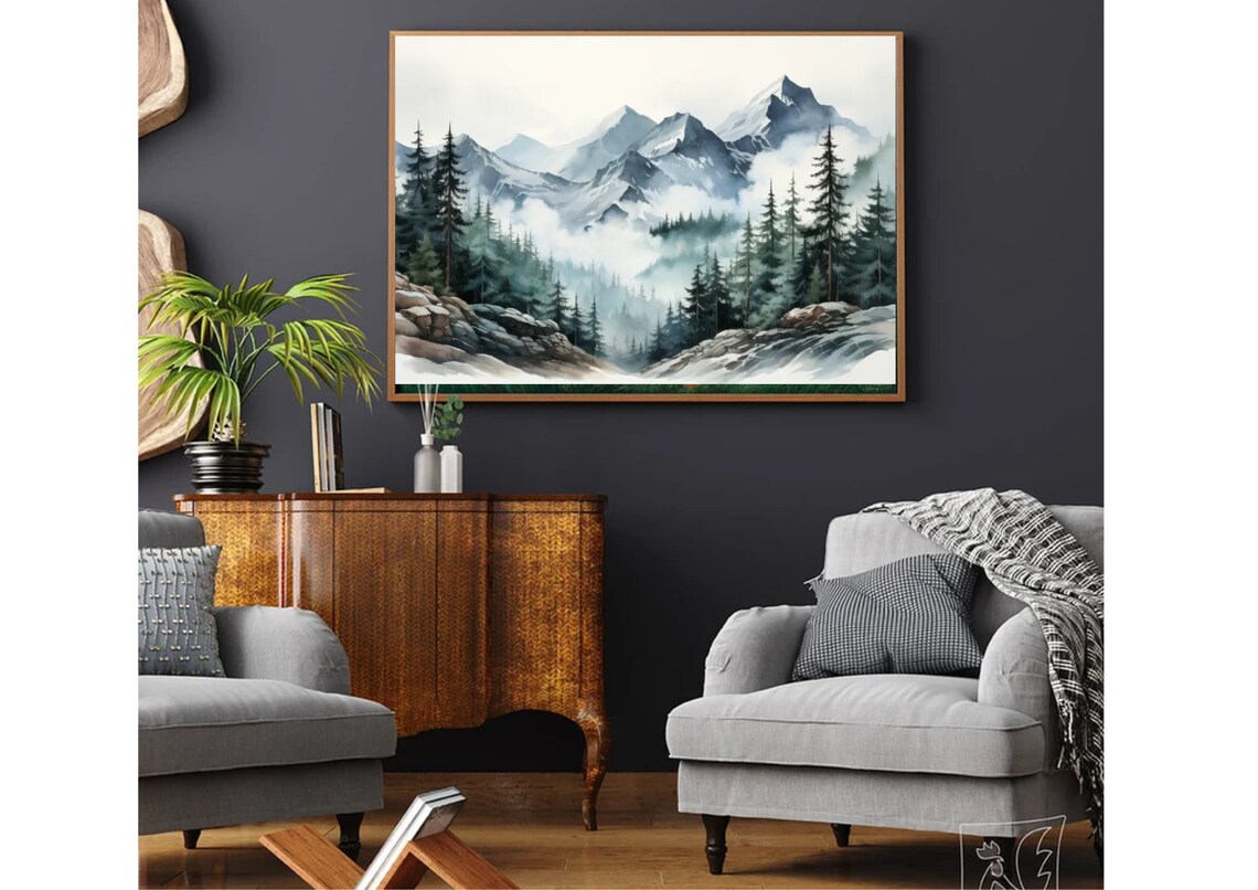 Misty Mountain Peaks Pine Valley Foggy Gray Watercolor Panorama Poster - Image 5